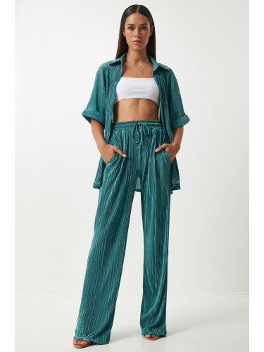 Happiness İstanbul Women's Green Pleated Shirt and Trousers Set