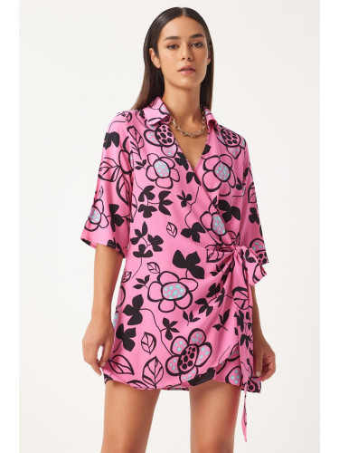 Happiness İstanbul Women's Pink Patterned Summer Viscose Wrap Dress