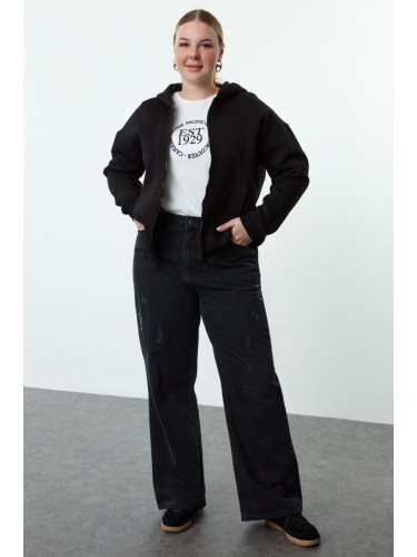 Trendyol Curve Black Hooded Relaxed/Comfortable Fit Zippered Thick Inside Fleece Sweatshirt