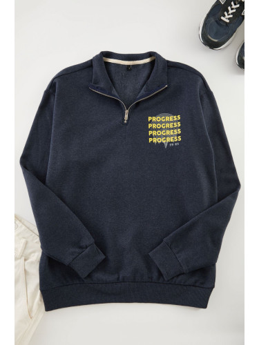 Trendyol Indigo Oversize/Wide Cut Zippered Text Printed Inside Fleece Cotton Sweatshirt