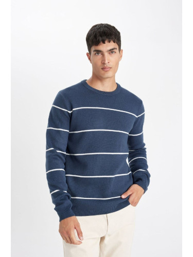 DEFACTO Men's Dark Blue Standard Fit Regular Cut Crew Neck Striped Basic Knitwear Sweater