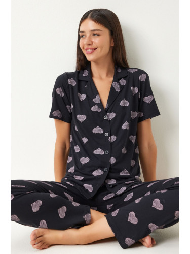 Happiness İstanbul Women's Black Heart Shirt Trousers Pajama Set