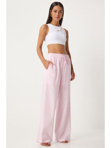 Happiness İstanbul Women's Light Pink Loose Cut Linen Trousers