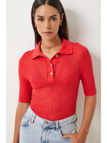 Happiness İstanbul Women's Red Polo Neck Lightly Transparent Knitwear Blouse