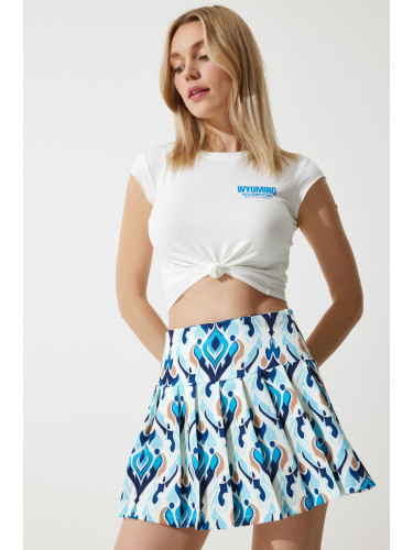 Happiness İstanbul Woman's Blue Ecru Mini Woven Skirt