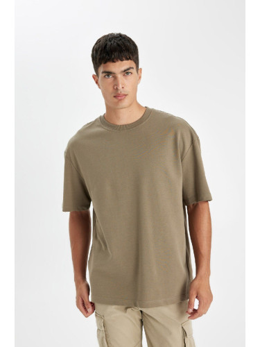 DEFACTO Men's Khaki Relax Fit Casual Cut Crew Neck Cotton Short Sleeve Basic T-Shirt