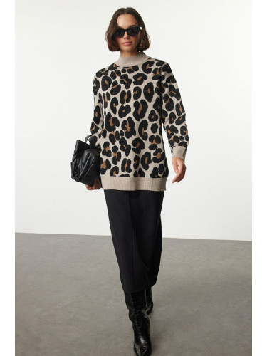 Trendyol Beige Leopard Patterned Knitted Sweater