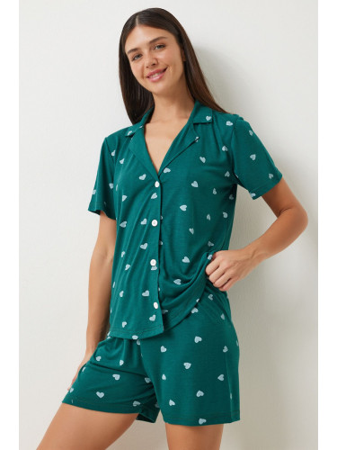 Happiness İstanbul Women's Dark Green Heart Viscose Shorts Shirt Pajama Set