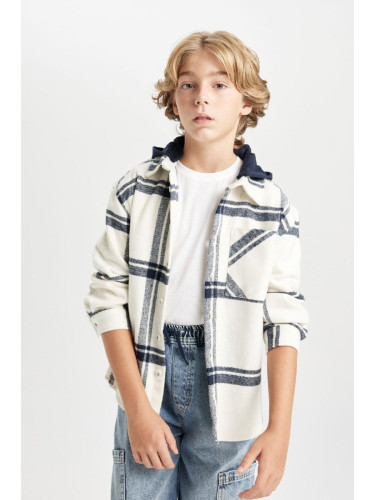 DEFACTO Boy Oversize Wide Pattern Checkered Hooded Flannel Long Sleeve Shirt