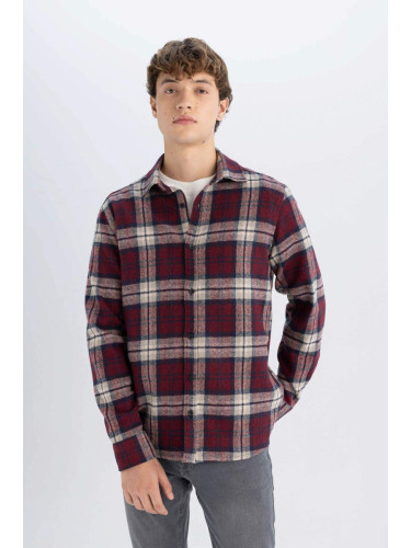 DEFACTO Men's Burgundy Regular Fit Regular Cut Polo Collar Plaid Lumberjack Flannel Long Sleeve Shirt