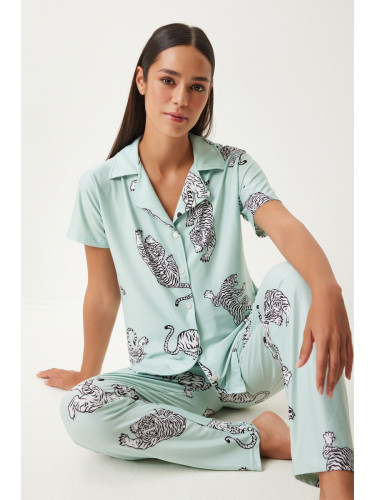 Happiness İstanbul Women's Water Green Patterned Shirt and Pants Knitted Pajama Set