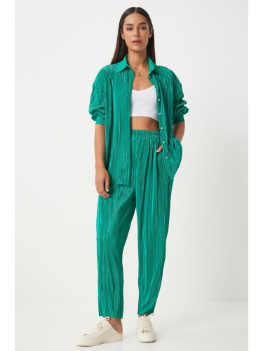 Happiness İstanbul Women's Green Stylish Button-Pleated Shirt and Trousers Suit