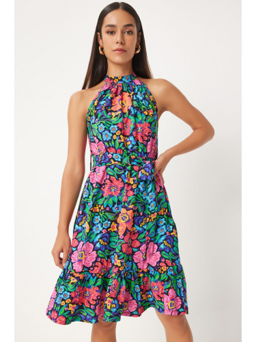 Happiness İstanbul Women's Pink Blue Belted Floral Patterned Midi Dress