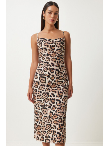 Happiness İstanbul Women's Black Beige Leopard Patterned Strappy Midi Dress