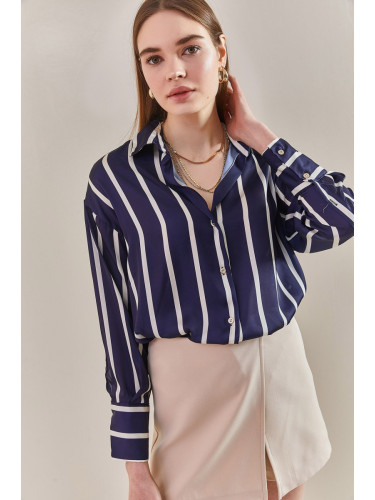 Bianco Lucci Women's Cuff Sleeve Striped Satin Shirt