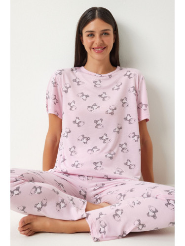 Happiness İstanbul Women's Light Pink Patterned Viscose Trousers T-Shirt Pajama Set