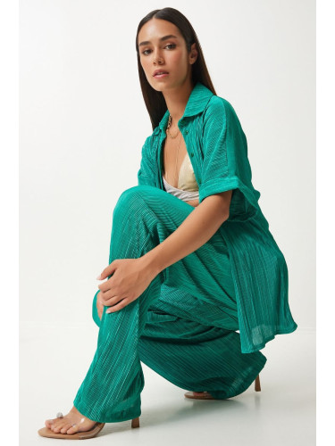 Happiness İstanbul Women's Green Pleated Shirt and Trousers Set