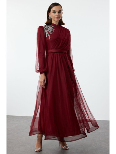 Trendyol Burgundy Stone Accessory Tulle Evening Dress