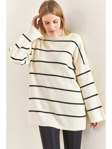 Bianco Lucci Women's Turtleneck Striped Oversize Knitwear Sweater