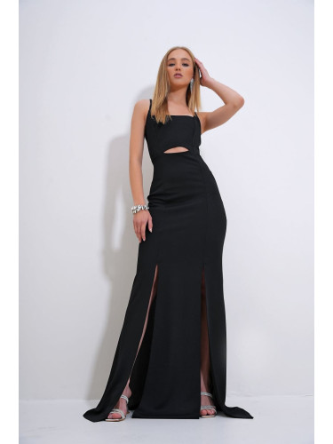 Trend Alaçatı Stili Women's Black Adjustable Strap Out Cut Slit Graduation Dress