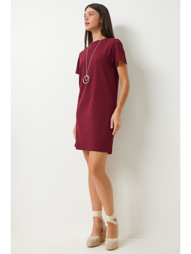 Happiness İstanbul Women's Claret Red Crew Neck Basic Crepe Dress