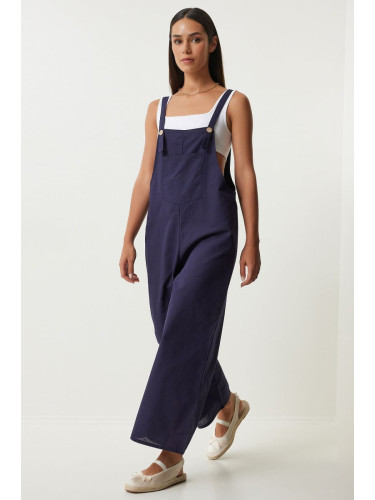 Happiness İstanbul Women's Navy Blue Strappy Thin Gabardine Summer Gardener Overalls