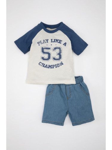 DEFACTO Baby Boy 2-Piece Set Printed Short Sleeve T-Shirt Top Jean Shorts