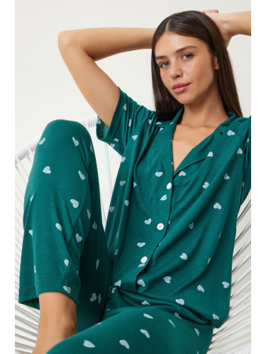 Happiness İstanbul Women's Dark Green Heart-shaped Shirt Trousers Pajama Set