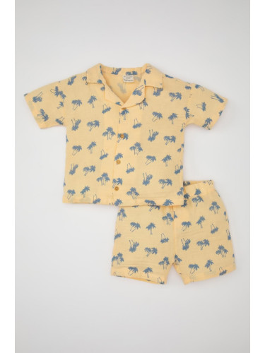 DEFACTO Baby Boy Palm Tree Patterned Muslin Short Sleeve Shirt Shorts 2-Piece Set