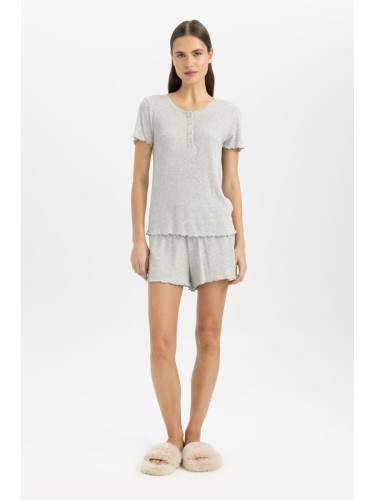 DEFACTO Fall in Love Ribbed Short Sleeve Pajama Set with Shorts