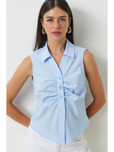 Happiness İstanbul Women's Sky Blue Gathering Detailed Sleeveless Shirt