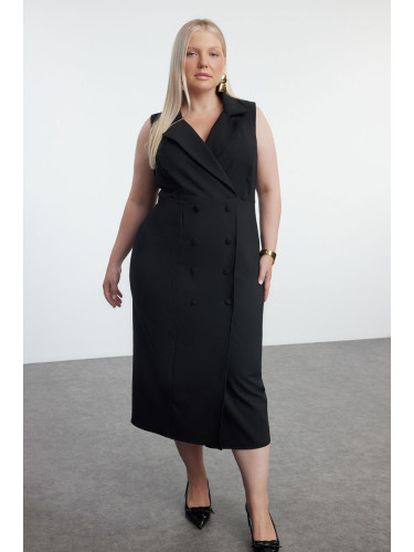 Trendyol Curve Black Body-hugging Button Detailed Double Breasted Collar Sleeveless Midi Plus Size Woven Dress