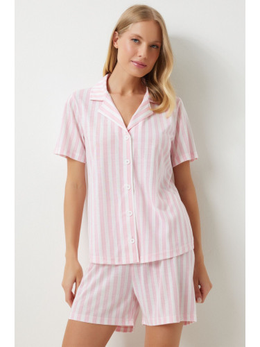 Happiness İstanbul Women's Light Pink White Striped Viscose Shorts Shirt Pajama Set