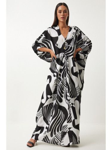 Happiness İstanbul Women's Black and White Patterned Bat Sleeve Asymmetrical Viscose Dress