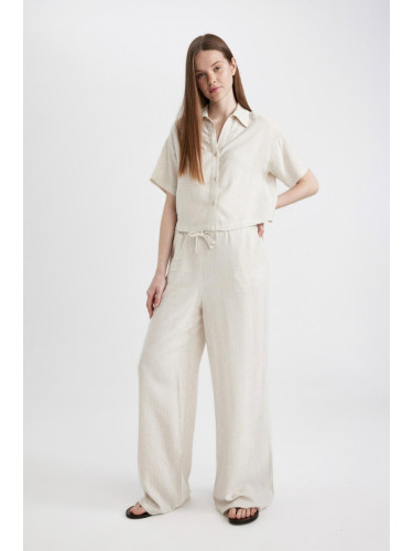 DEFACTO Wide Leg Double Pocket High Waist Standard Length Linen Blend Trousers