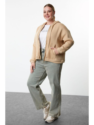 Trendyol Curve Beige Hooded Plus Size Knitted Sweatshirt with Fleece Inside and Zipper on the Front