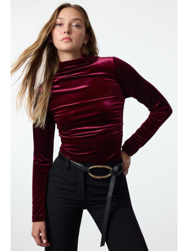 Trendyol Burgundy Velvet Draped High Collar Fitted Regular Length Knitted Blouse