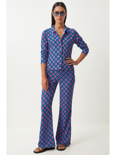 Happiness İstanbul Women's Blue Pink Patterned Summer Woven Shirt and Trousers Set