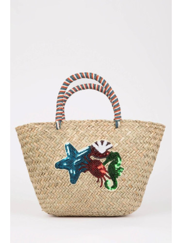 DEFACTO Women's Seashell Patterned Straw Handbag