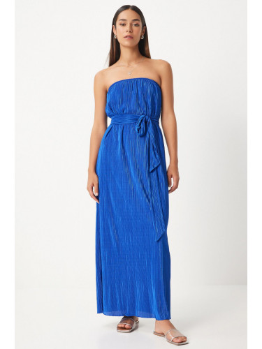 Happiness İstanbul Women's Blue Strapless Belted Pleated Dress