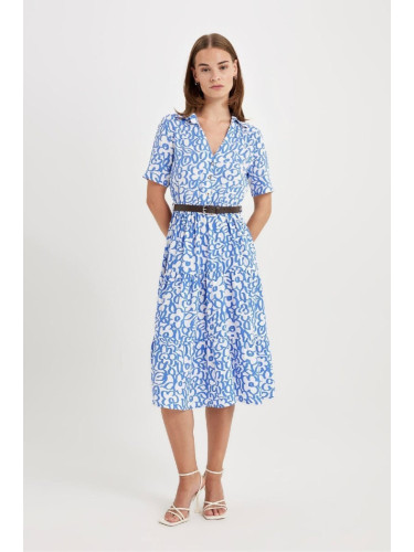 DEFACTO Shirt Collar Patterned Short Sleeve Midi Dress