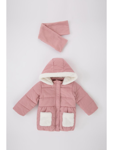 DEFACTO Girl Baby Waterproof Fleece Lined Hooded Coat Scarf 2-Piece Set