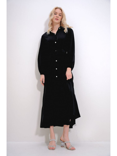 Trend Alaçatı Stili Women's Black Shirt Collar Stone Button Detailed Skirt Frilly Woven Viscose Dress