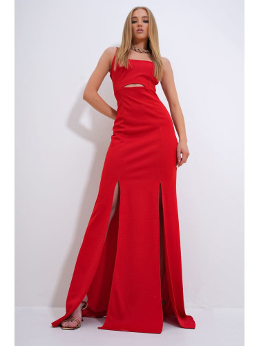 Trend Alaçatı Stili Women's Red Adjustable Strap Out Cut Slit Graduation Dress