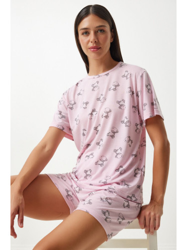 Happiness İstanbul Women's Light Pink Patterned Viscose Shorts T-Shirt Pajama Set