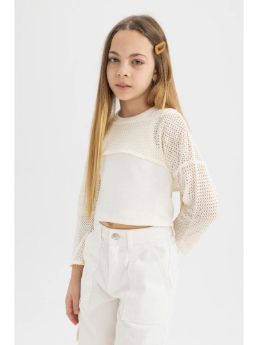 DEFACTO Girl's Relax Fit Crew Neck Ribbed Long Sleeve T-Shirt