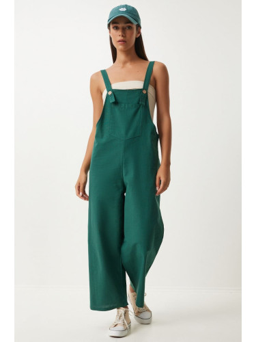 Happiness İstanbul Women's Emerald Green Strappy Thin Gabardine Summer Gardener Overalls