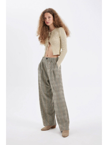 DEFACTO Wide Leg Plaid Double Pocket High Waist Standard Length Trousers