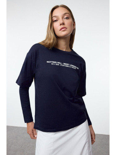 Trendyol Navy Blue Relaxed/Comfortable Pattern Slogan Embossed Printed Knitted T-Shirt