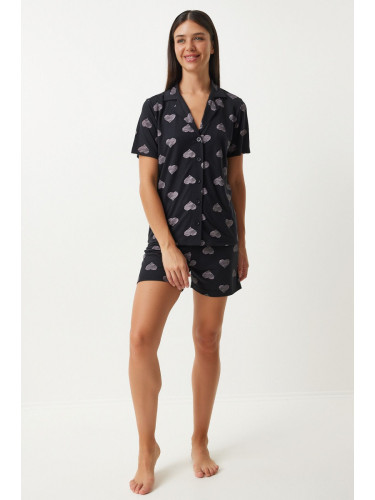 Happiness İstanbul Women's Black Heart Shirt Shorts Pajama Set